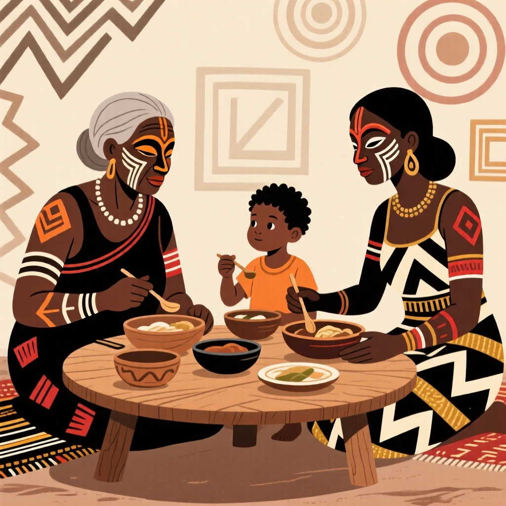 Three generations of a family sharing a meal together.