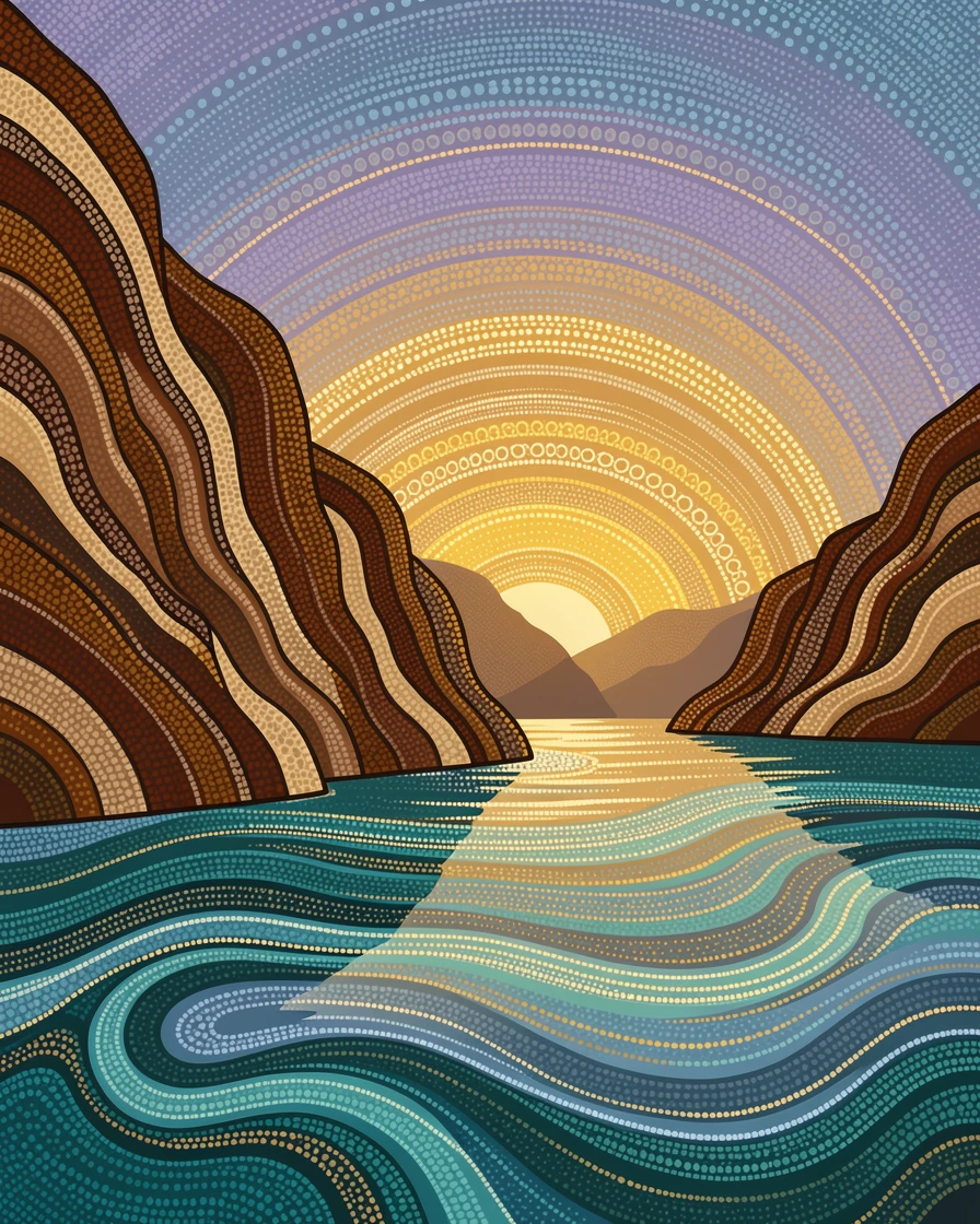 A glacial fjord at dawn bathed in golden afternoon light