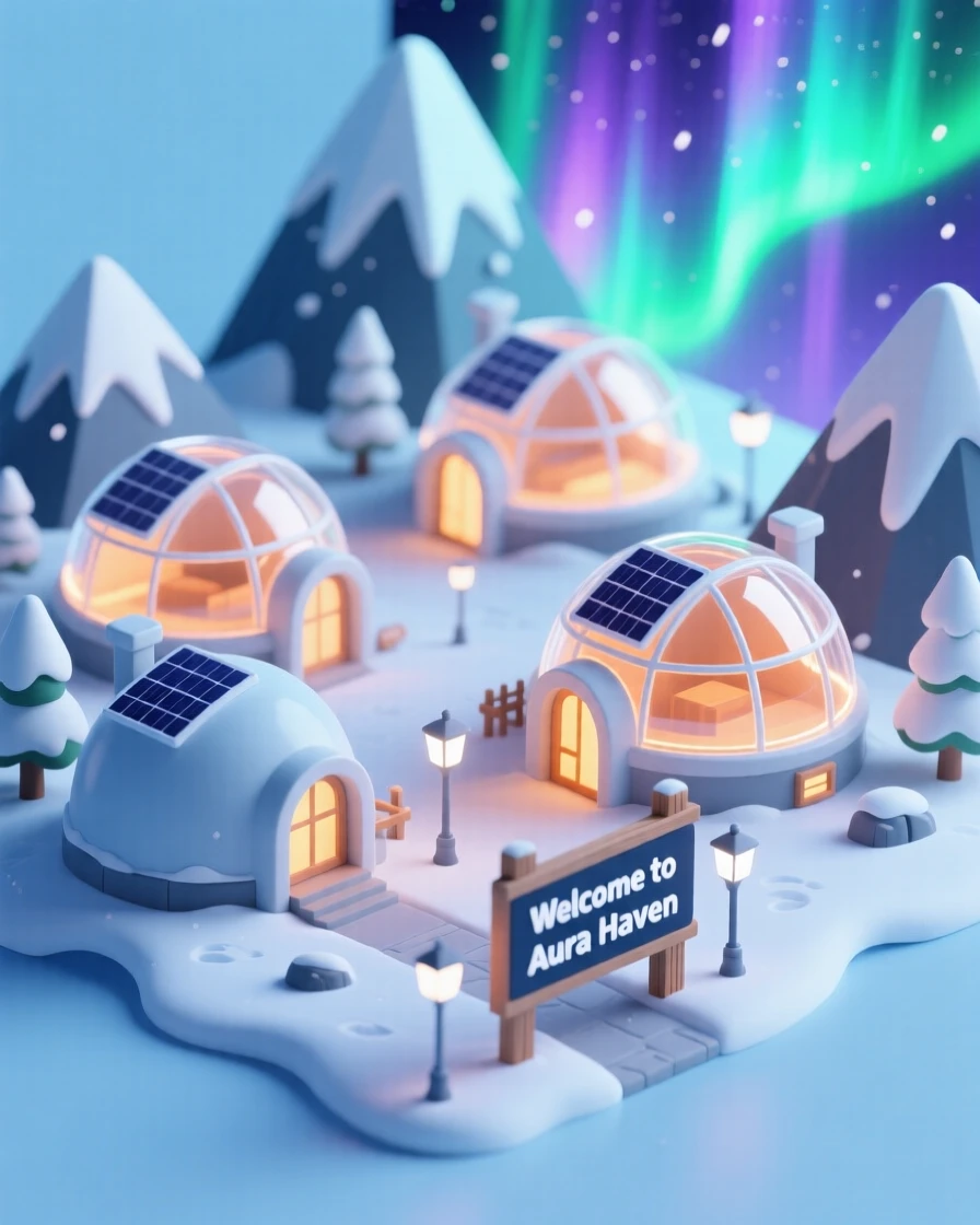A futuristic snow village with solar-heated domes glowing warmly against a backdrop of aurora-lit peaks.
