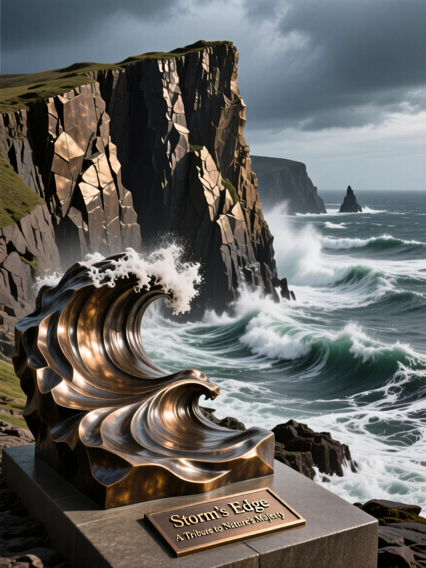 A rugged coastal cliff overlooking a stormy sea, capturing a powerful sense of scale and grandeur, offering a breathtaking sense of place