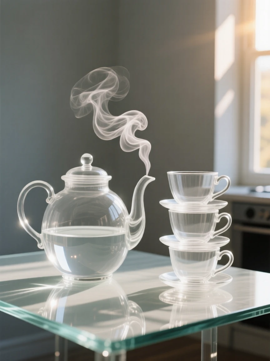 A pot of tea steaming beside a stack of delicate cups beside a sunlit kitchen window, while sunlight catches the surface of the table