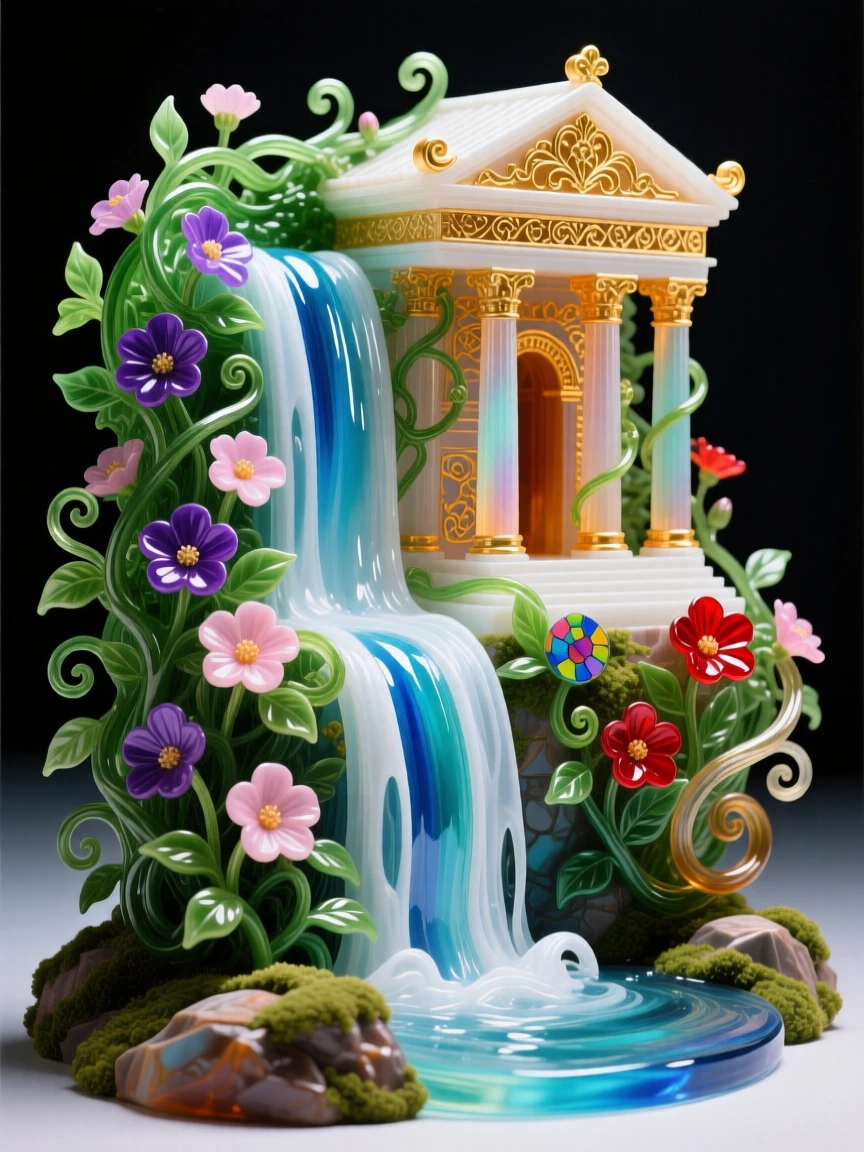A grand waterfall cascading beside an ancient temple wrapped in the thickest blooming vines, mystical and lush.