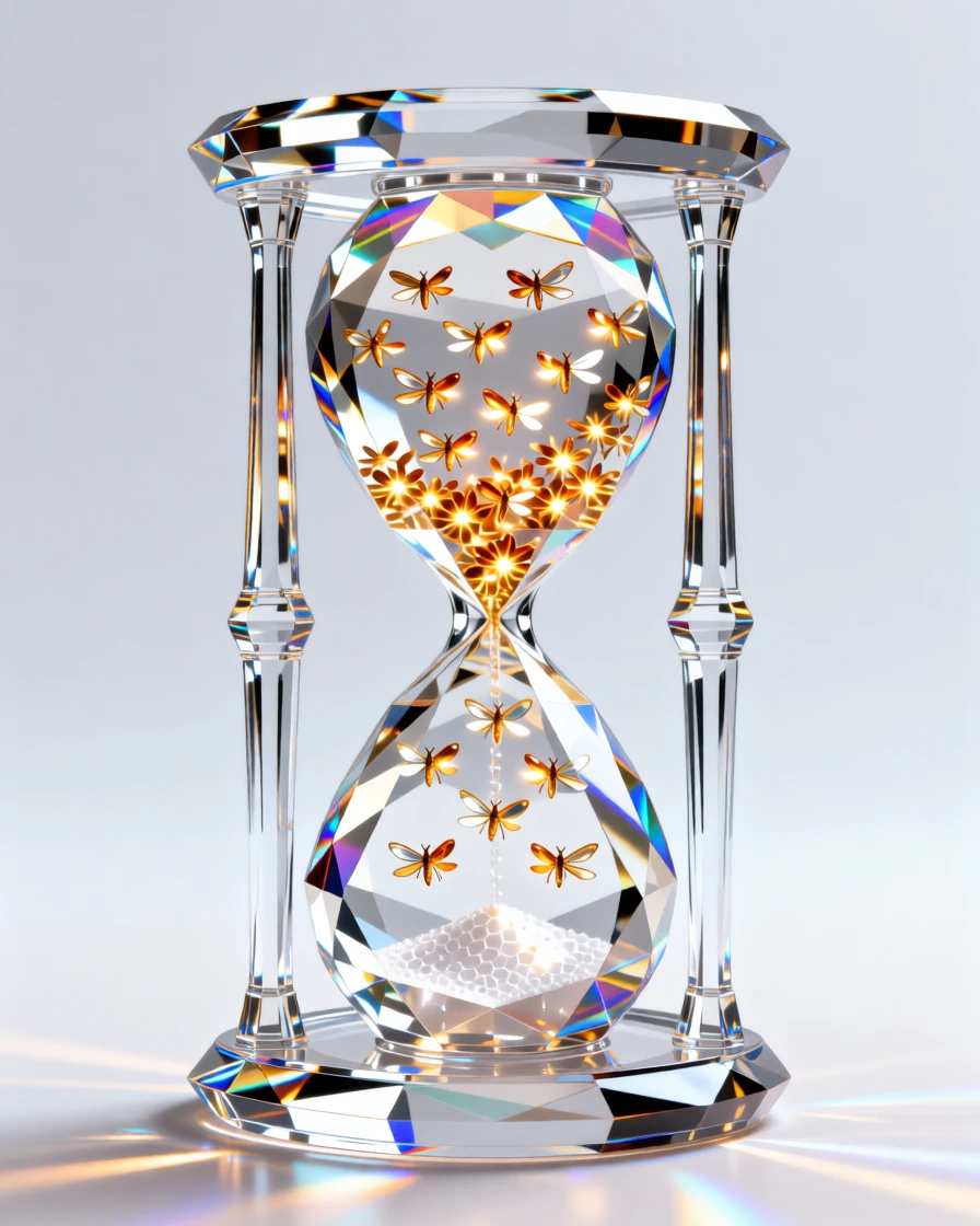 A dreamlike hourglass filled with tiny glowing fireflies instead of sand.