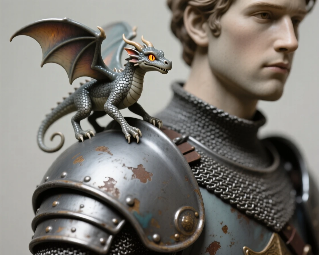 A tiny dragon perched on a knight's shoulder caught in a graceful, weightless leap, its eyes glowing with an inner fire, capturing the enchantment of forgotten legend.