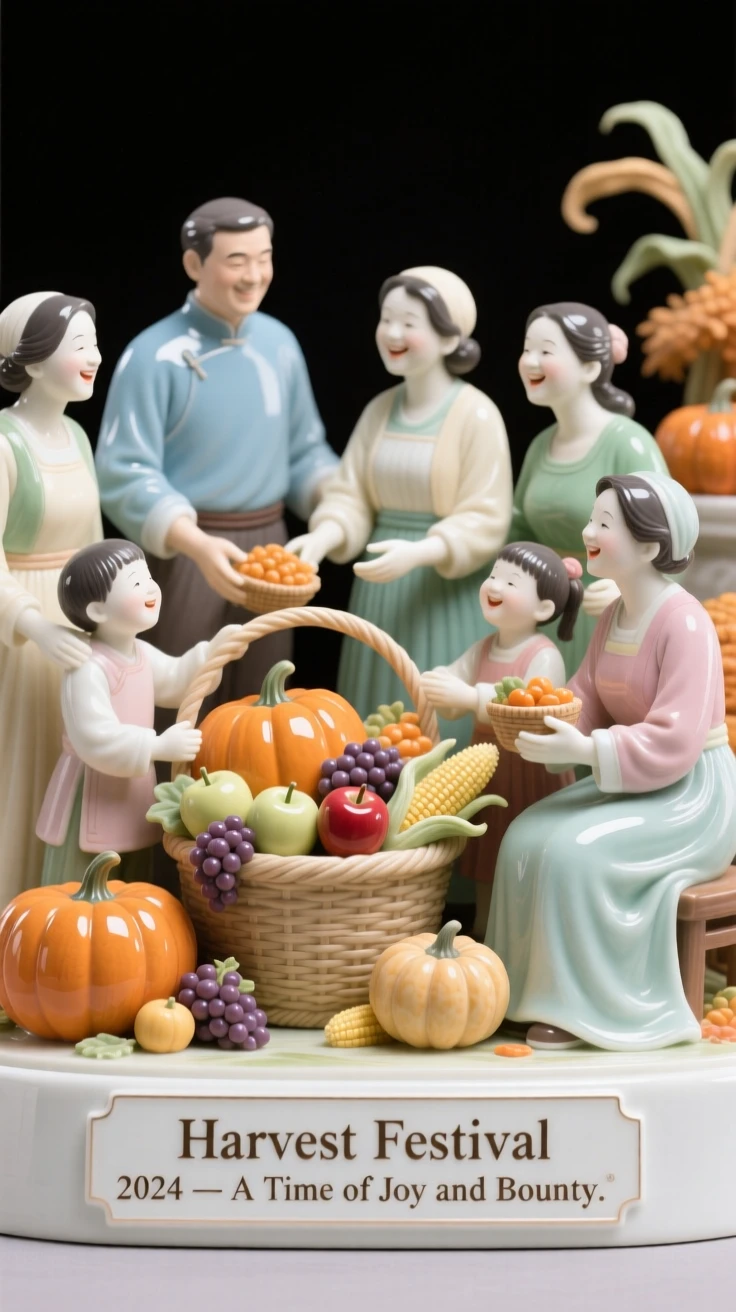 A joyful a harvest festival with baskets of produce scene, families and friends gathered together happily.