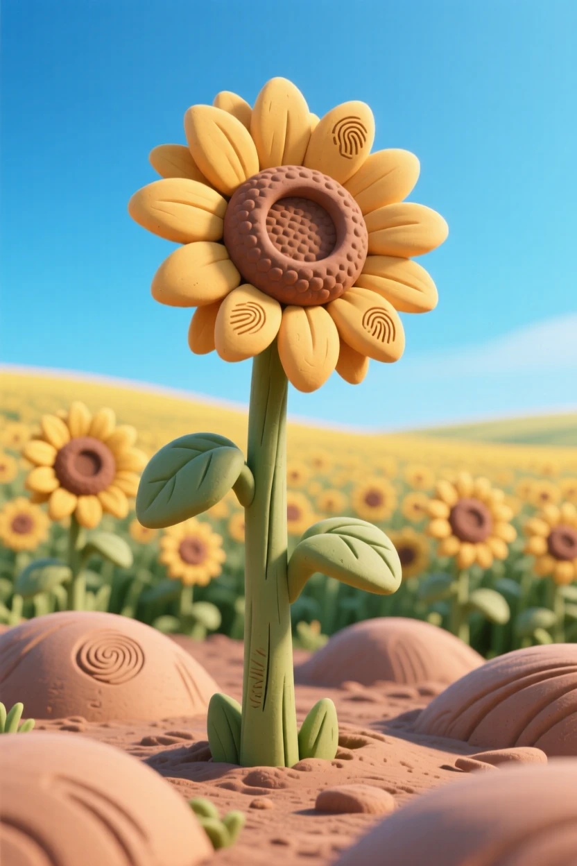 A summer sunflower field stretching toward a clear blue horizon