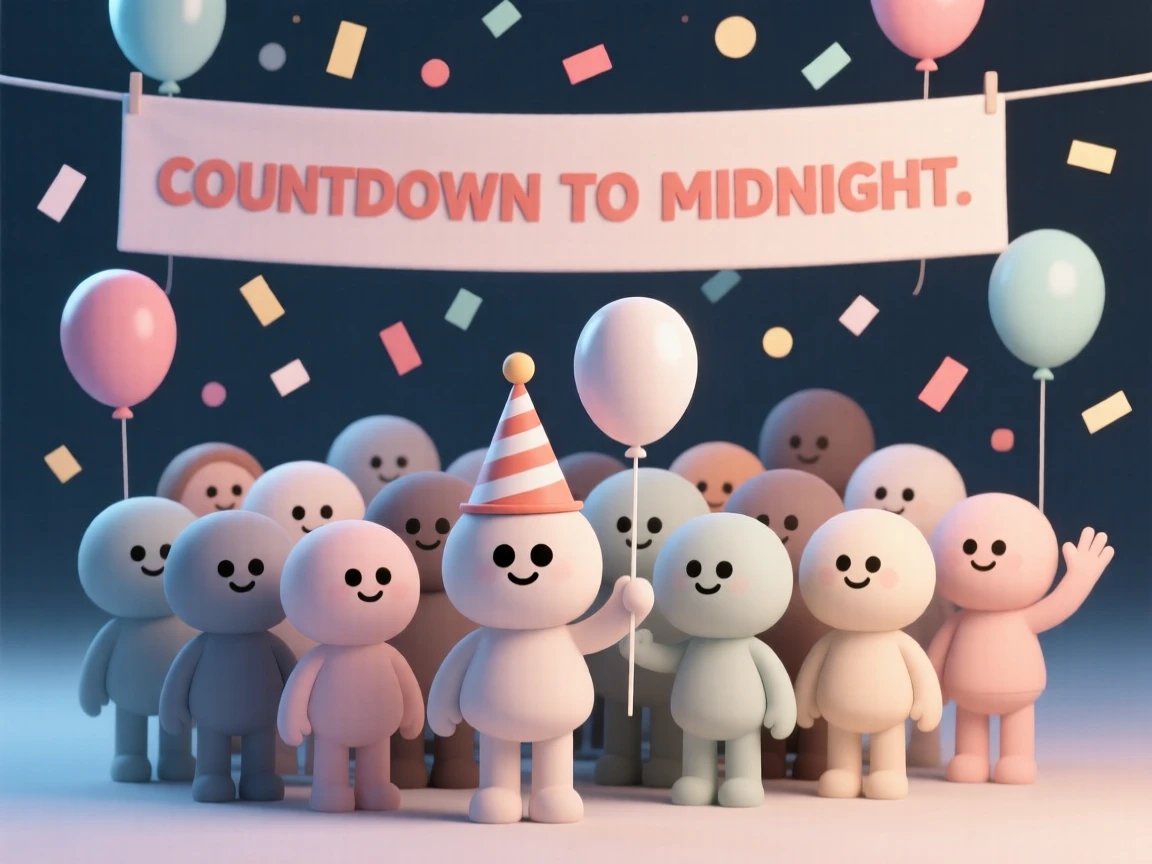 A festive New Year's Eve crowd counts down together, confetti and balloons cascading at the stroke of midnight.