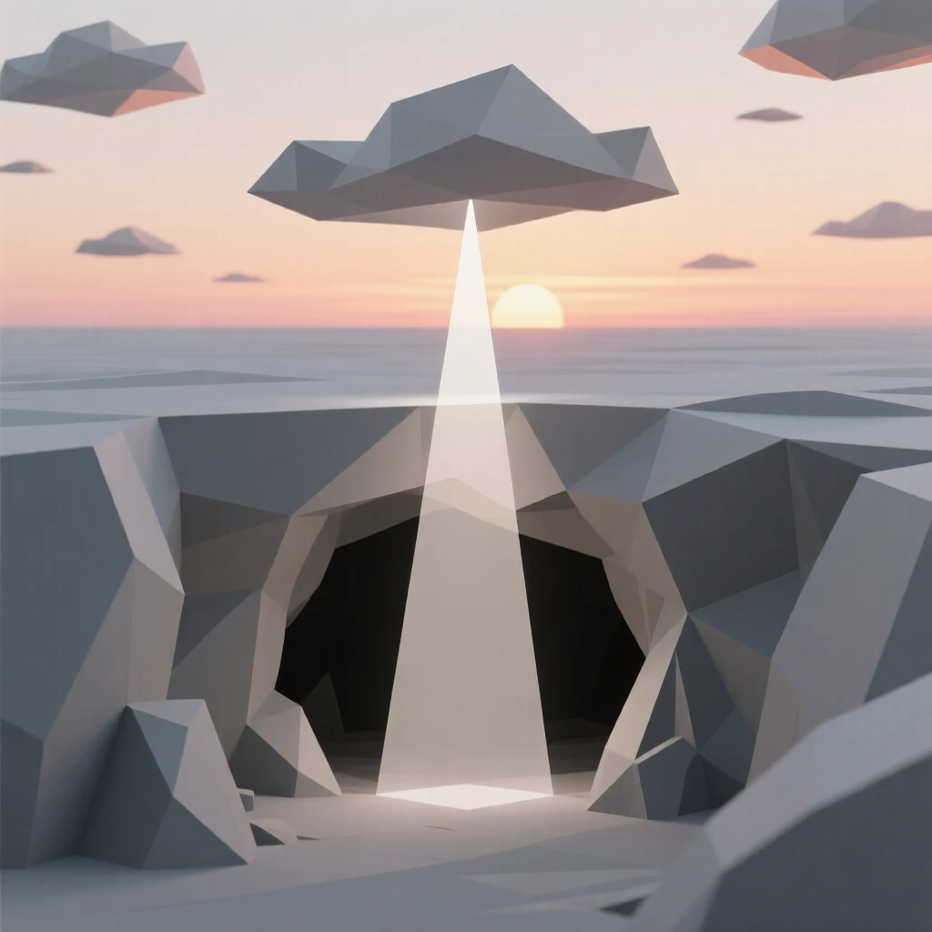A hidden cave illuminated by a shaft of light, beneath a sky painted in sunset hues. soft light rays break through scattered clouds. The mood is dreamy and otherworldly.