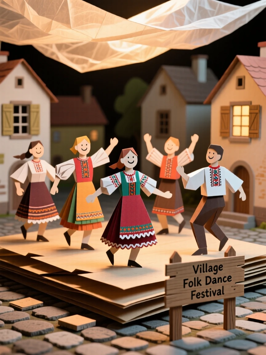 A traditional folk dance troupe celebrated in a lively village square, with warm light illuminating every face, capturing vibrant, living tradition.