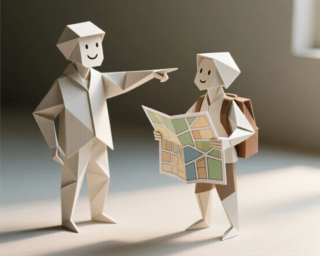 A stranger helping a lost tourist find their way with a friendly smile and directions.