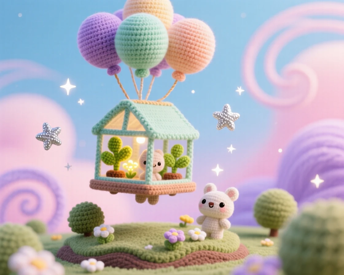 An imaginative scene of a small floating greenhouse carried by balloons filled with glowing miniature plants, drifting above a quiet garden beneath a swirling pastel sky; a scattering of stardust in the air nearby, full of playful imagination brought to life.