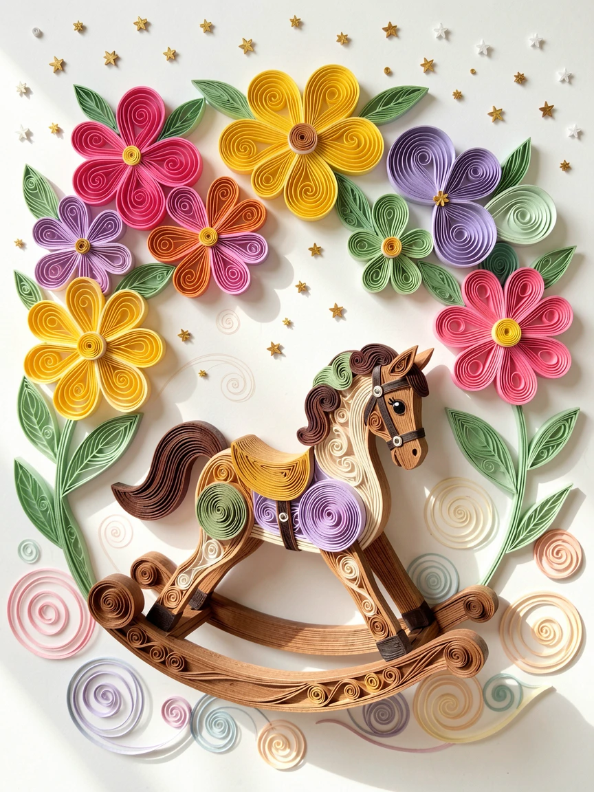 A whimsical children's scene of a rocking horse in a sunlit nursery corner beneath a canopy of oversized flowers, with a sprinkle of twinkling stars overhead, composed with a friendly, inviting central focal point.