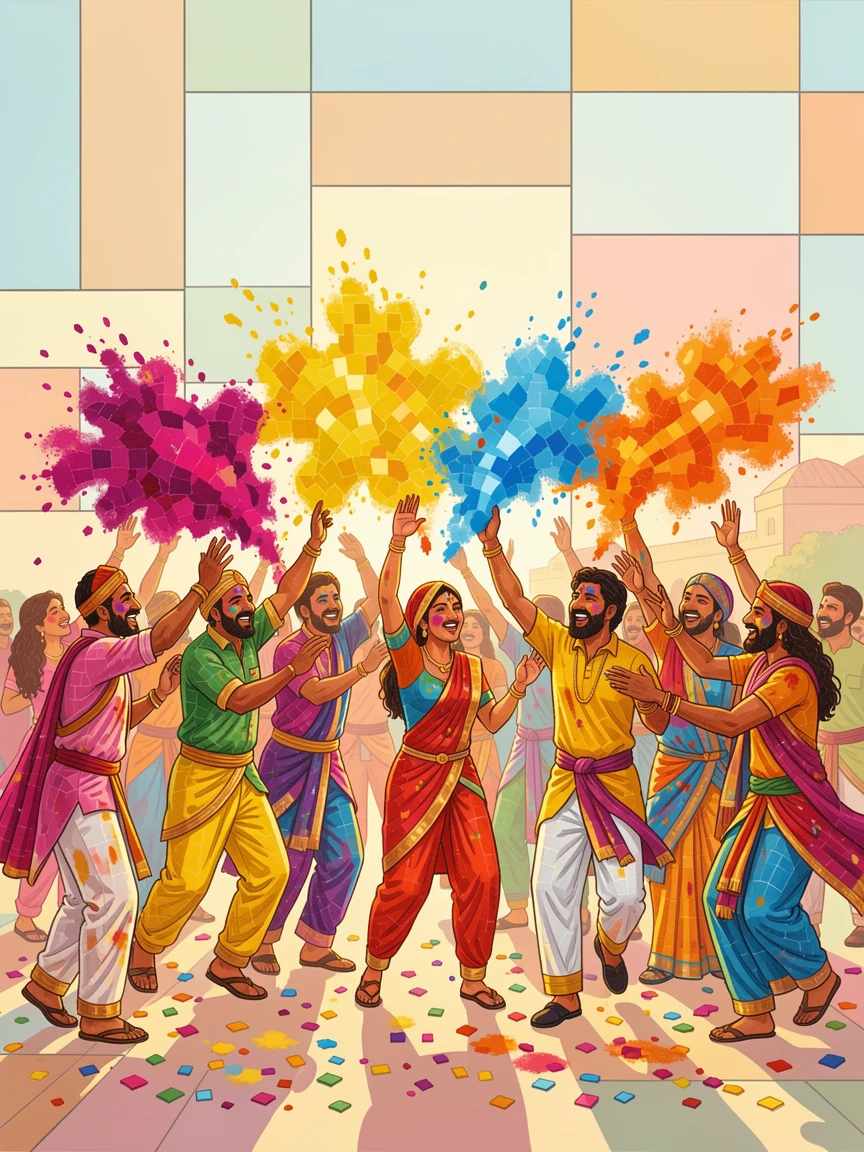 A colorful holi festival with clouds of bright powder filling the air, filled with warm light, motion, and joyful energy.