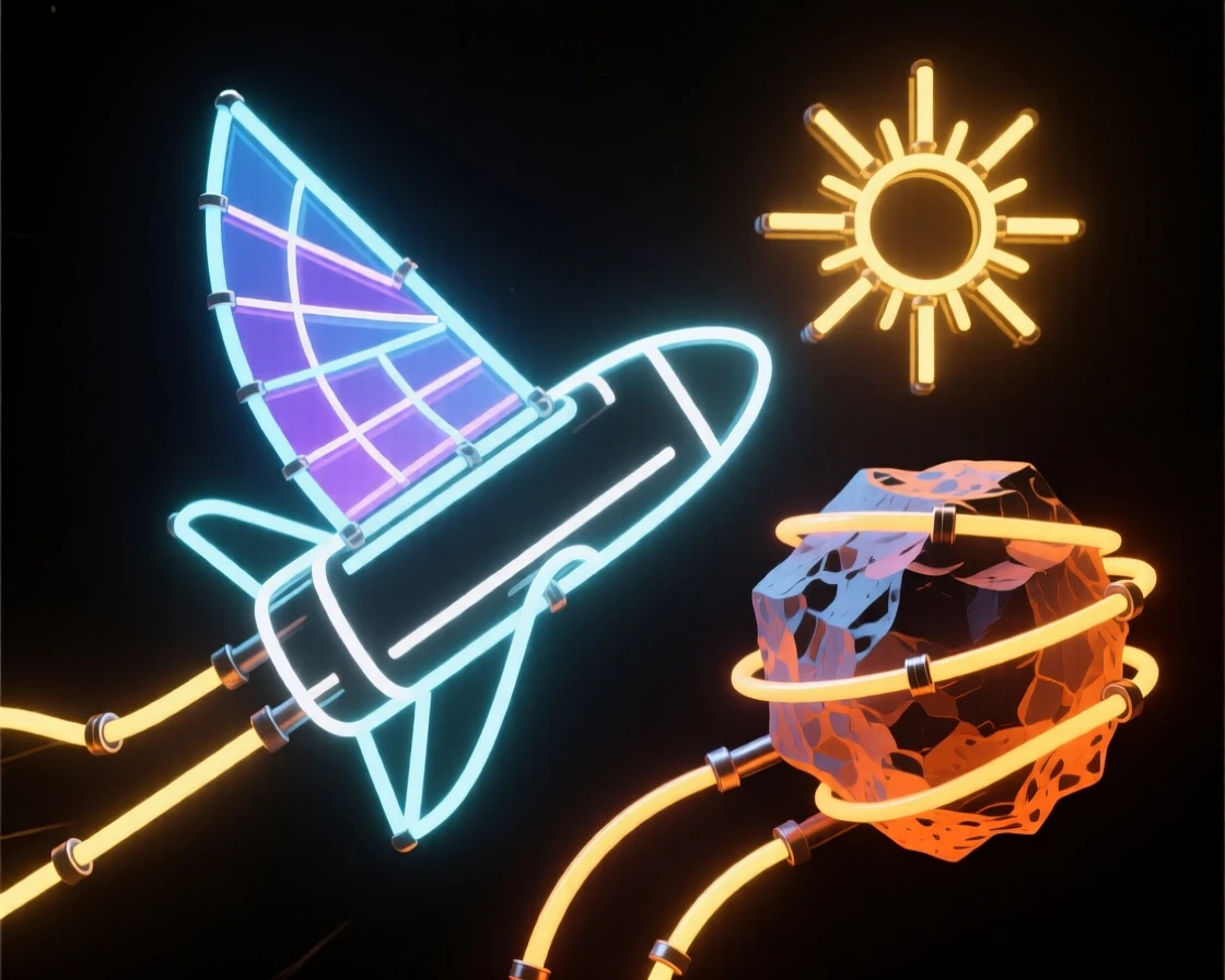 A solar sail spacecraft catching sunlight as it drifts past an asteroid.