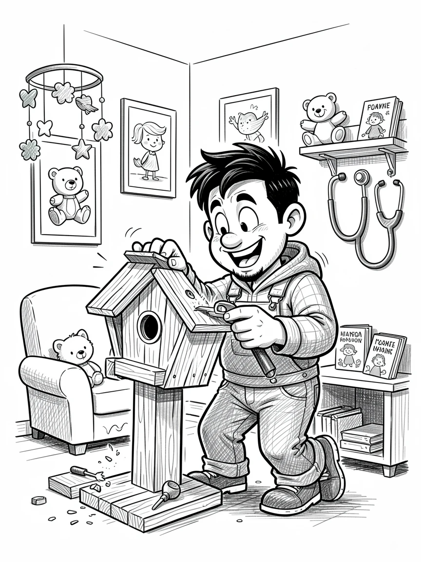 A carpenter building a wooden birdhouse in a cozy pediatrician's office.