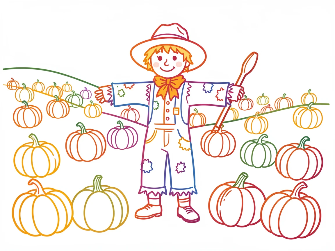 An autumn scarecrow standing guard over a field of ripe pumpkins.