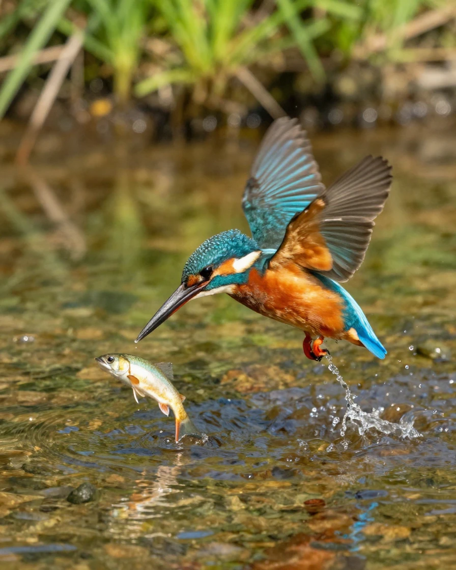 A kingfisher diving into a stream after a fish
