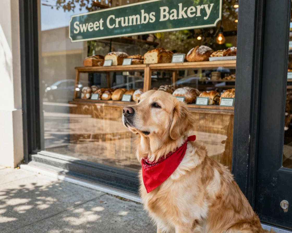 A dog wearing a bandana waits patiently outside a bakery, nose pressed to the glass door.