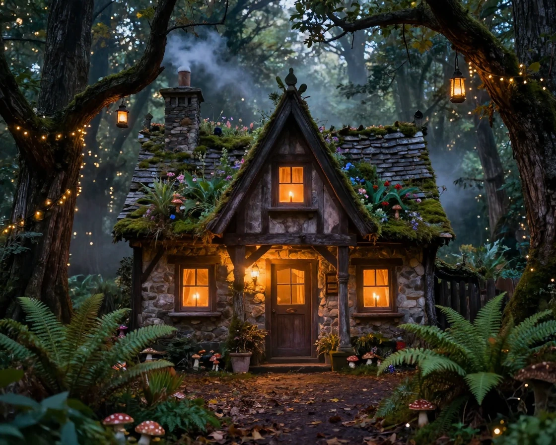 A witch's cottage deep in an enchanted forest, glowing with warm candlelight