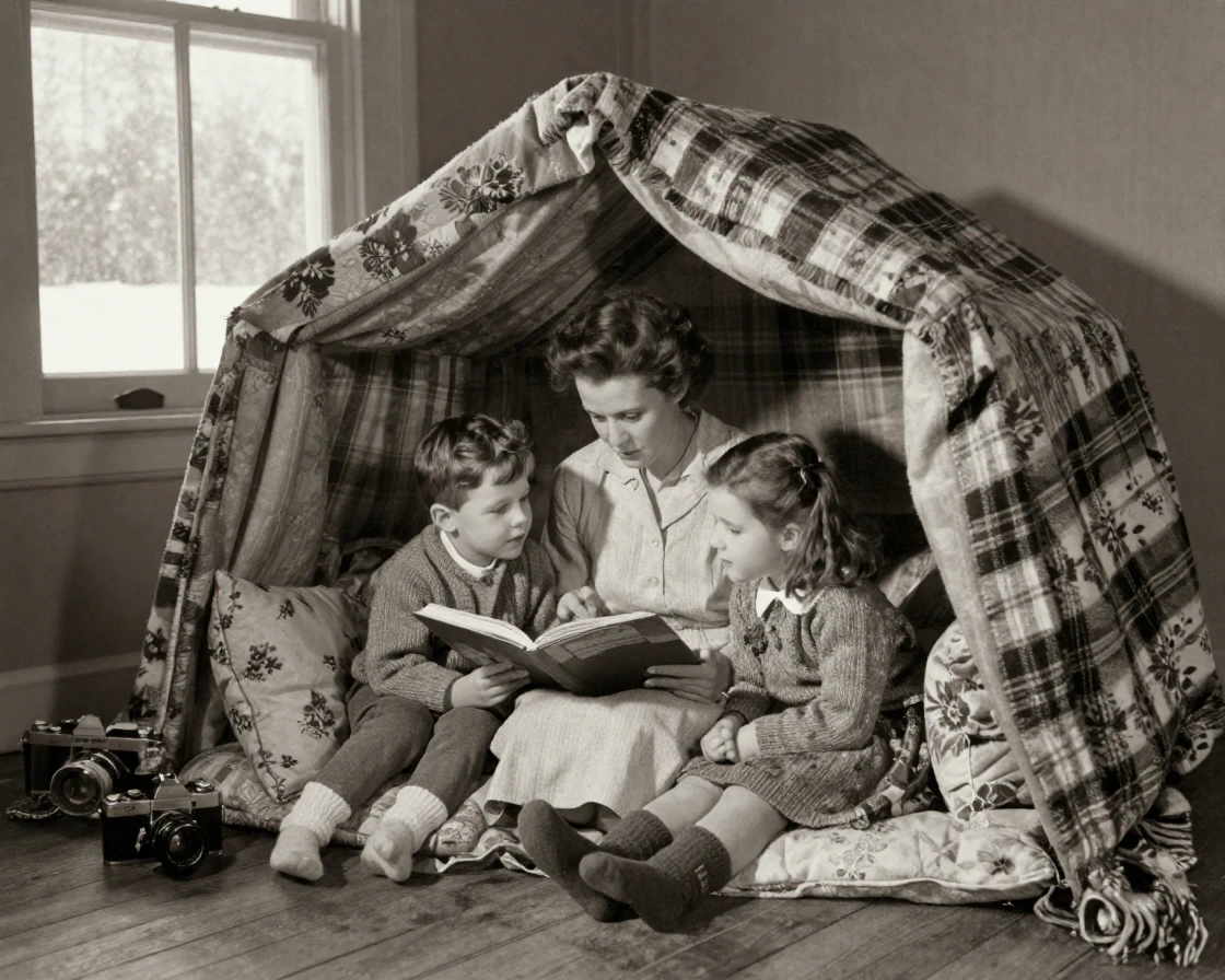 A mother reading a bedtime story to two children under a blanket fort, in warm morning light, in crisp, dry air, in the depths of winter, with stark black-and-white contrast softened by a single warm hue, from a wide establishing view.