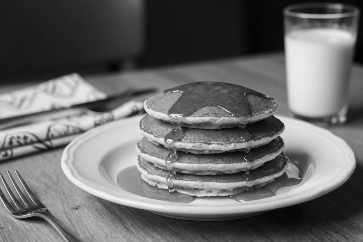 A stack of pancakes is drizzled with warm maple syrup at a family dinner table.