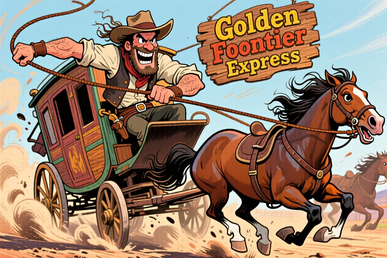 A brave Wild West stagecoach driver cracking the reins as horses gallop ahead.