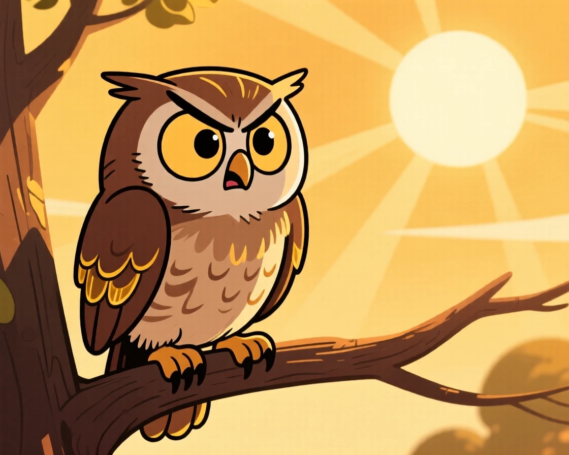 A charming animal moment featuring a grumpy owl reacting with wide-eyed surprise to something offscreen, under a warm golden afternoon sun.