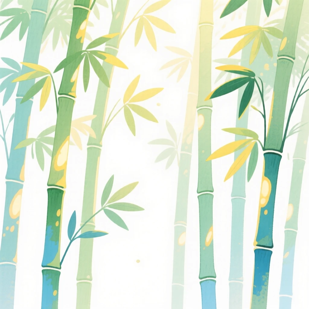 A serene landscape of a bamboo forest with light filtering through tall stalks in soft morning light