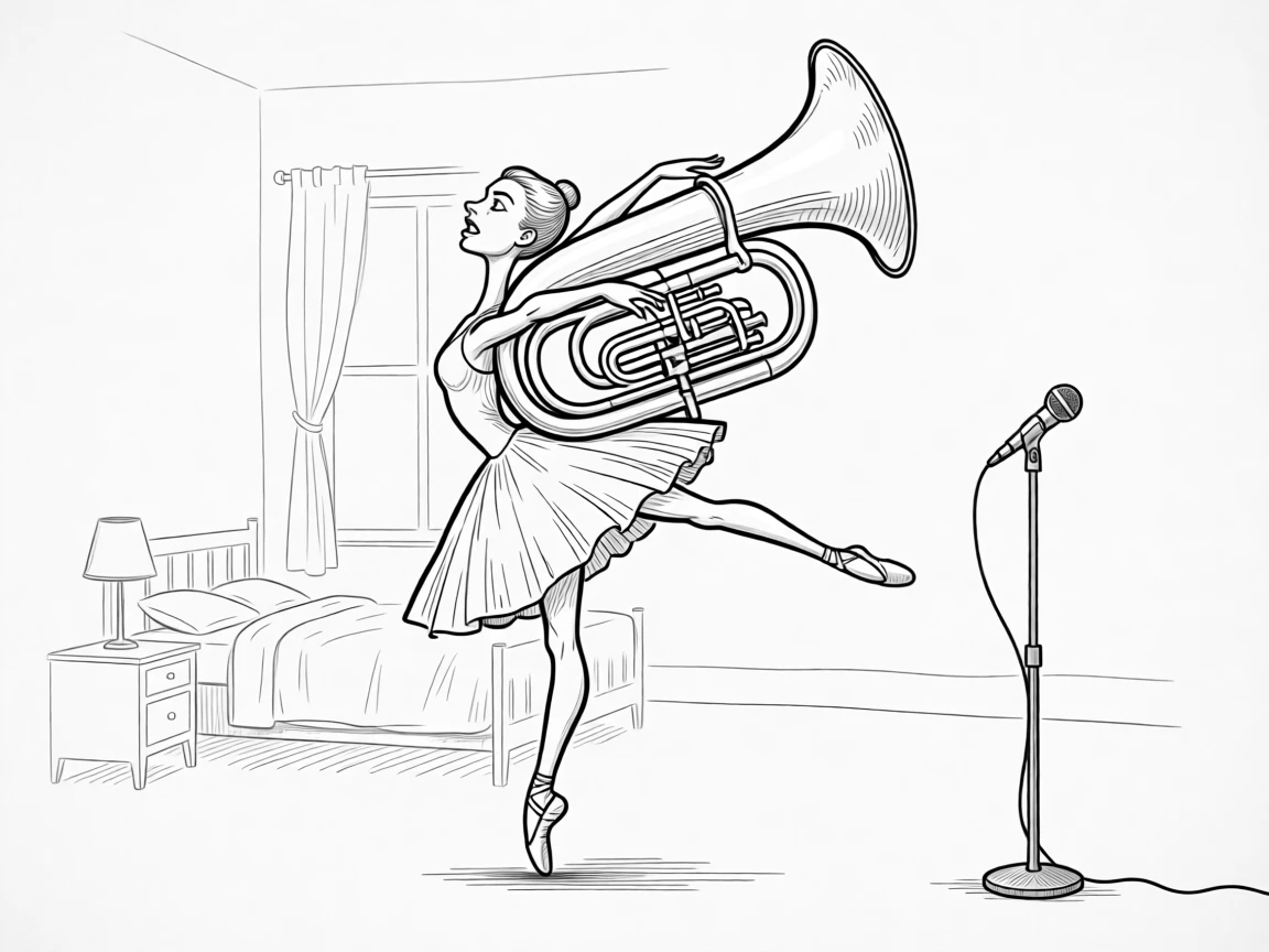A ballerina frozen in a graceful, gravity-defying leap, wobbling slightly under the enormous brass instrument, set in a bedroom transformed into an imaginary arena. A worn microphone stand tilts slightly from the energy. The scene bursts with raw, electric passion for music.