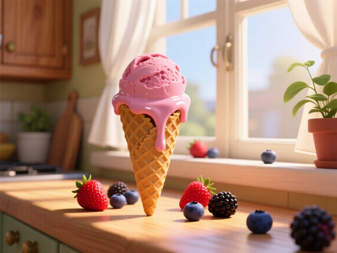 A scoop of melting strawberry ice cream in a waffle cone sits beside a window with morning light streaming in, surrounded by scattered fresh berries. The setting feels relaxed and satisfying.
