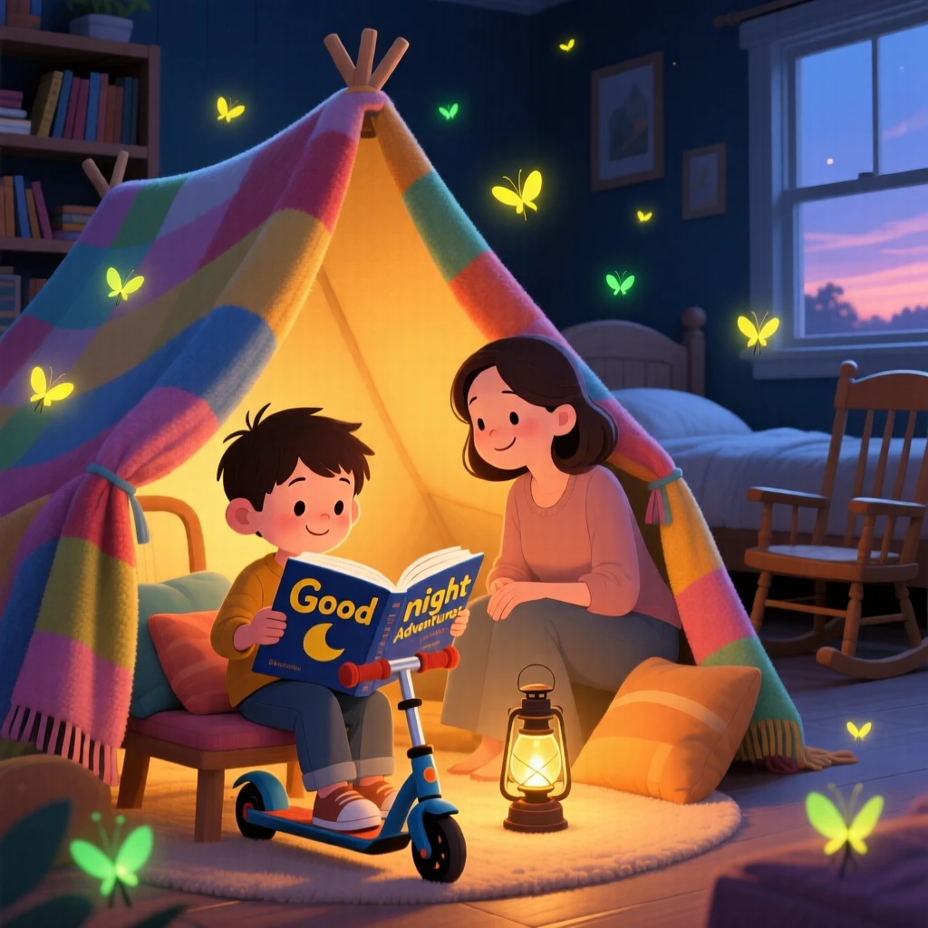 With her mother close by, a small boy on a scooter is reading a bedtime story under a blanket fort, as fireflies begin to twinkle.