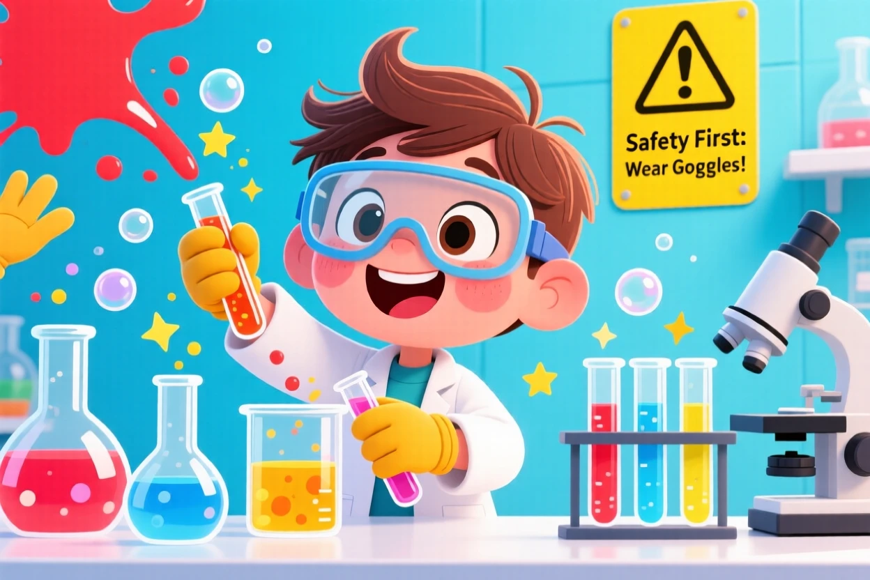 A child mixing colorful chemicals in a safe science experiment.