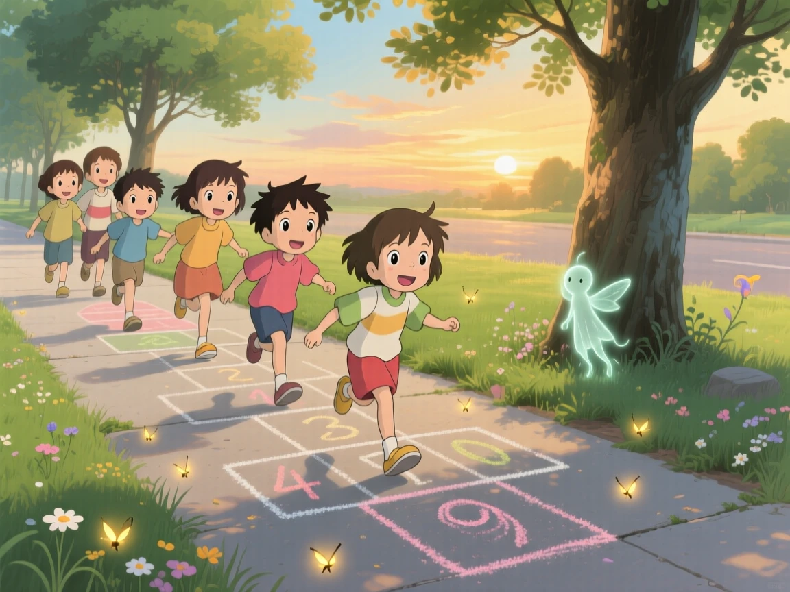 Kids playing hopscotch on a chalk-drawn sidewalk, the moment warmly nostalgic.