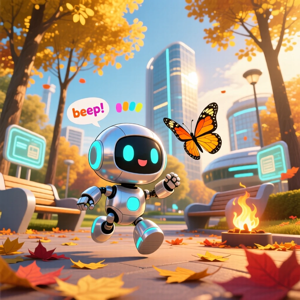 Low-angle shot looking up: a tiny robot companion, beeping happily while chasing a butterfly, set against a sunlit futuristic park during golden autumn harvest season, with cozy firelight and a mood of brave confidence.