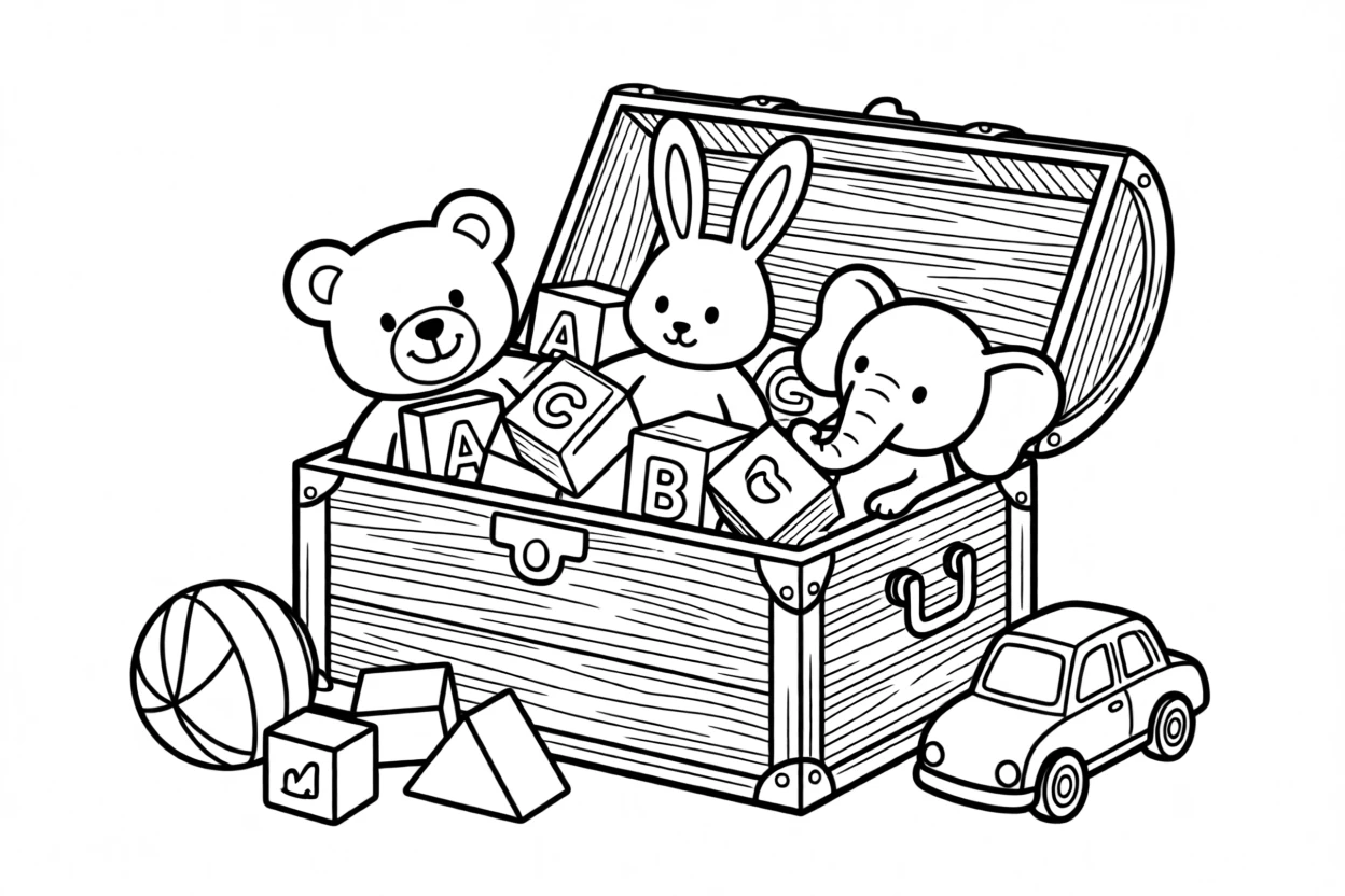 A toy chest overflowing with stuffed animals and blocks