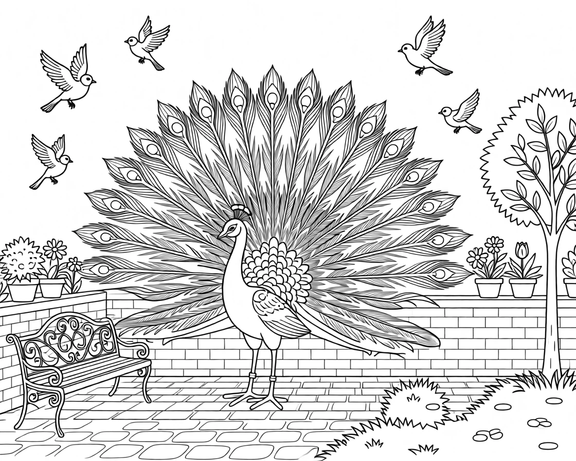 A peacock spreading its full tail in a garden courtyard, with a flock of small birds scattering nearby.