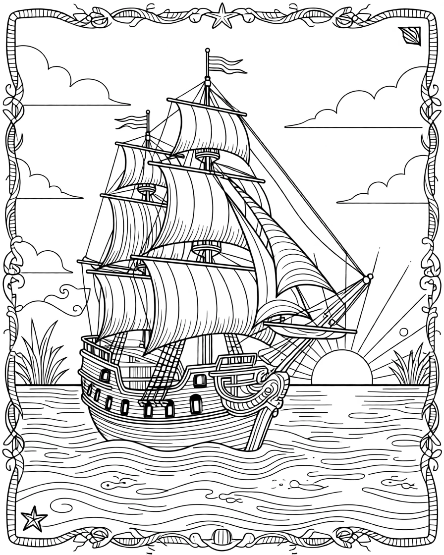A ship sailing steadily through calm waters toward a rising sun.
