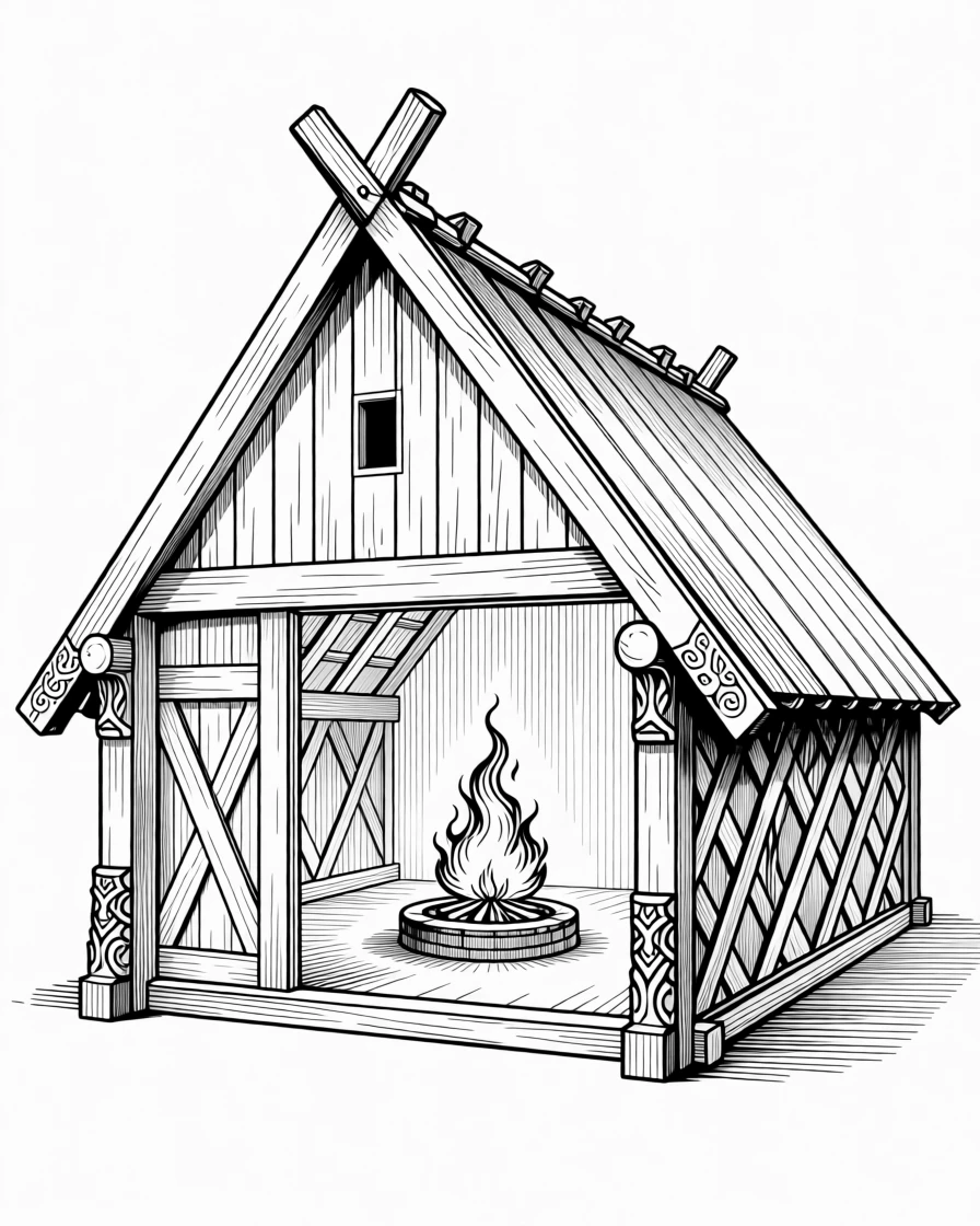A Viking longhouse with a fire burning inside