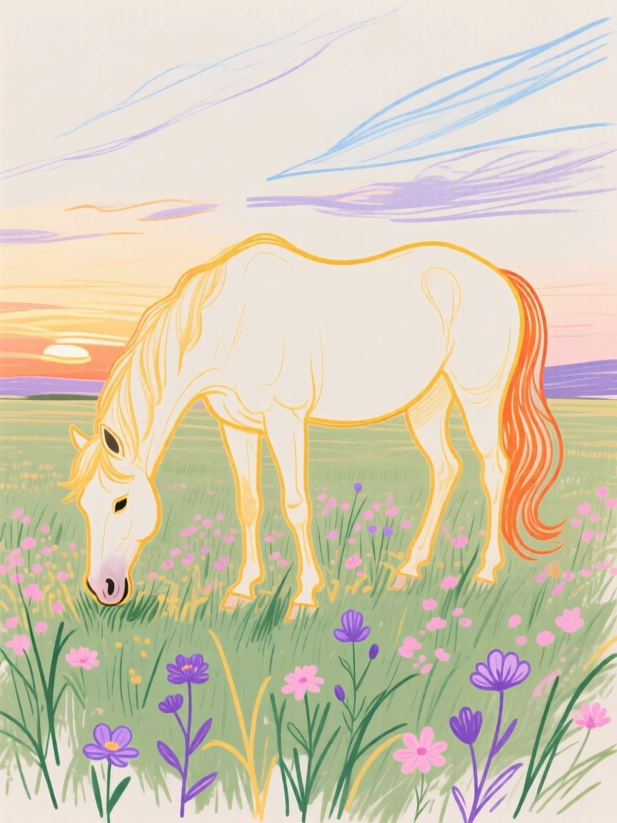 A grazing horse stretching in the morning light near a wildflower field at sunset.