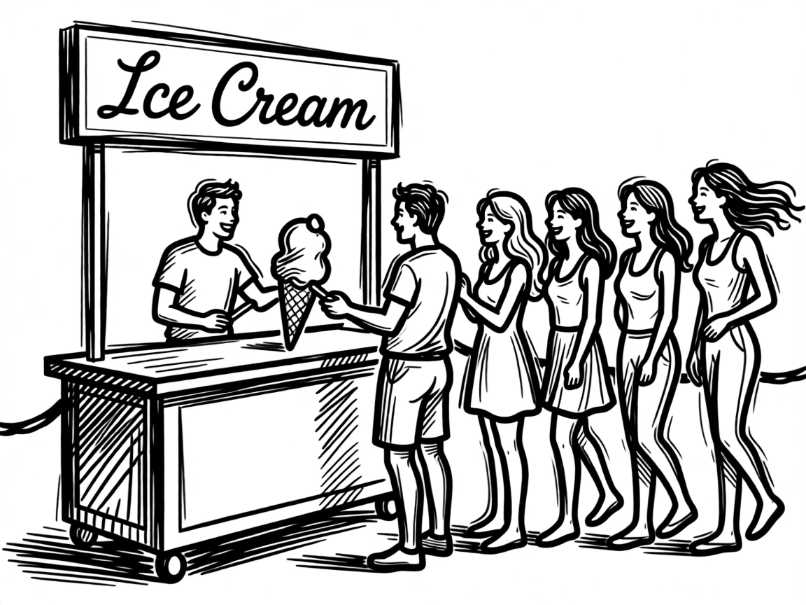 A summer ice cream stand with a line of happy customers on a hot day.