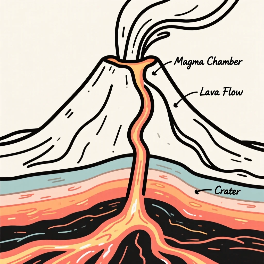 A cutaway illustration of a volcano showing layers of magma beneath the surface.