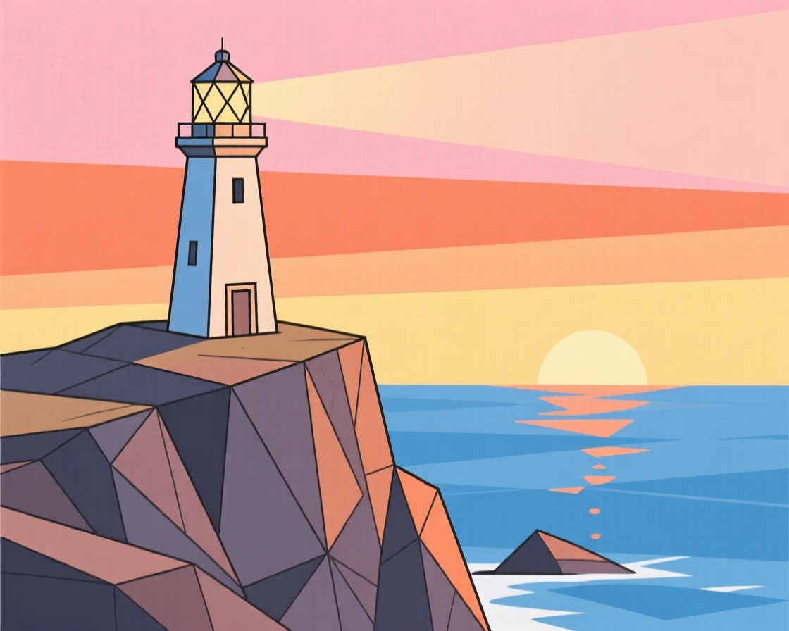 A coastal cliff with a lighthouse at sunset