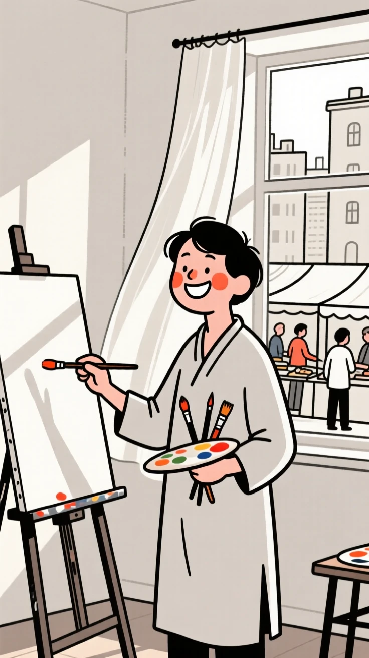 A painter of russian heritage in a sunlit studio, grinning mischievously, in a bustling city market.