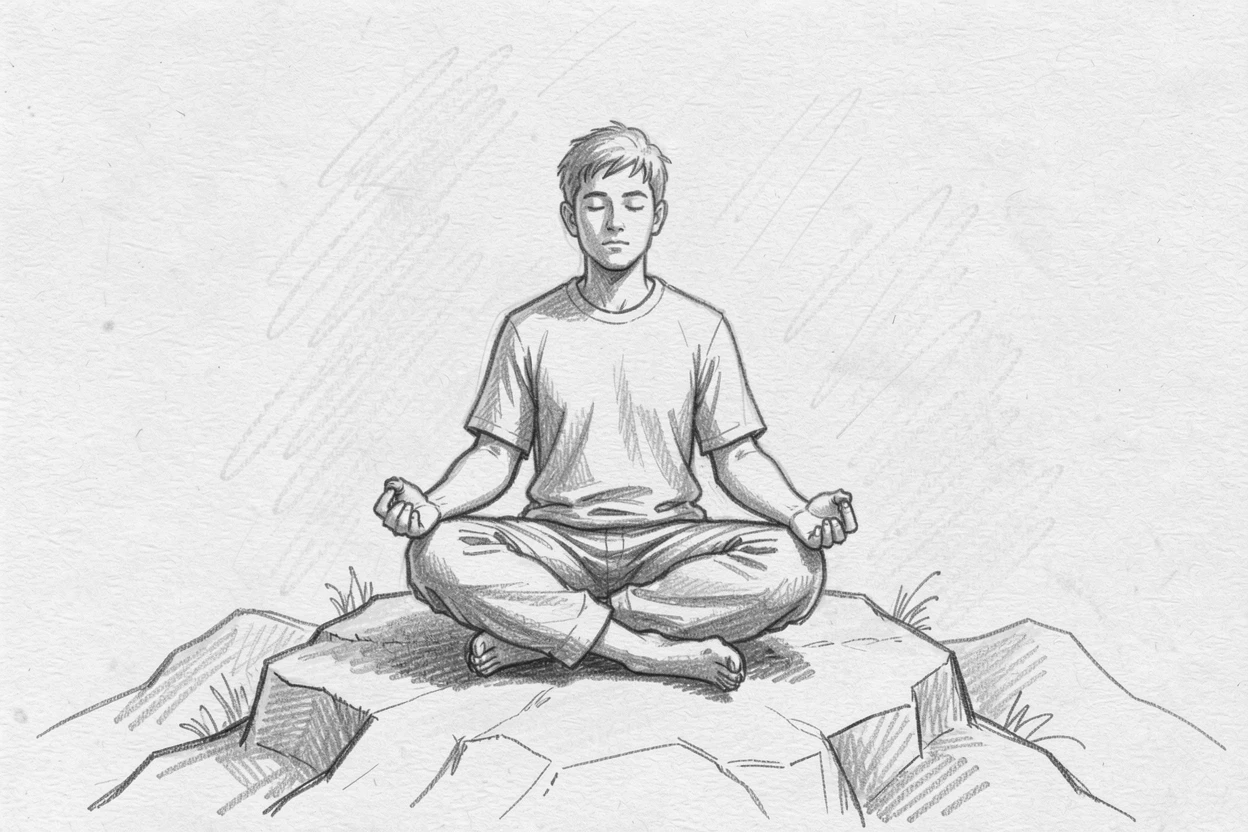 A lone figure meditating on a quiet mountaintop, surrounded by soft golden light, capturing a moment of pure stillness.