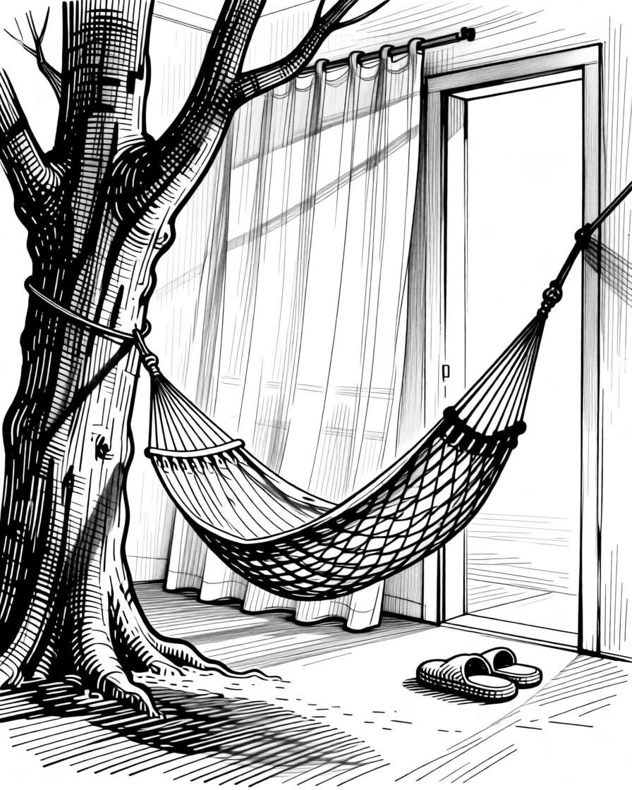 A hammock strung between two trees at sunset as morning light filters through gauzy curtains, with a pair of slippers resting by the door, evoking a quietly hopeful sense of calm.