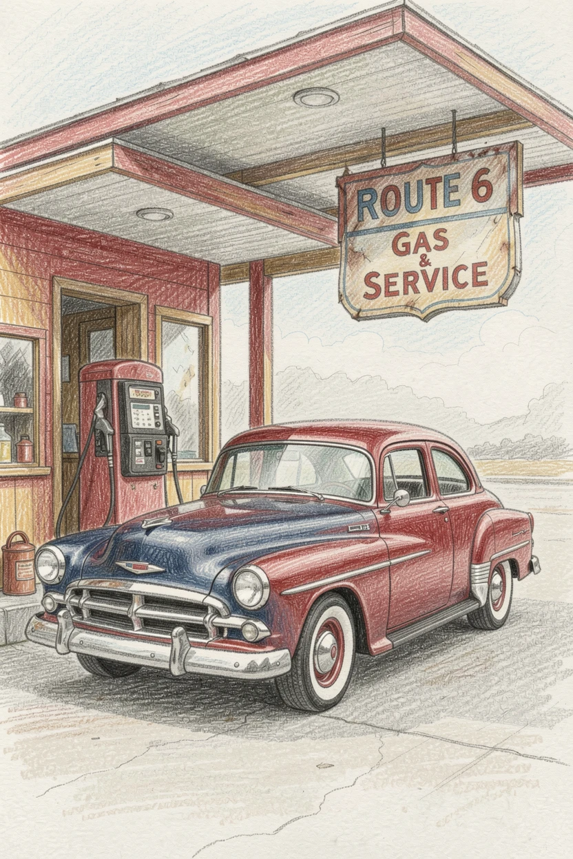 A vintage gas station with a classic car parked at the pump, with rich, inviting textures throughout the scene, capturing a quiet story that lingers with the viewer.