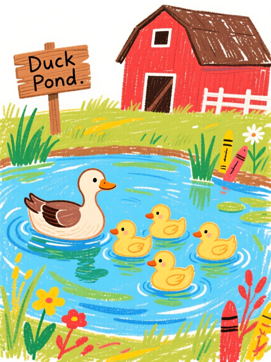 A duckling family paddling across a farm pond.