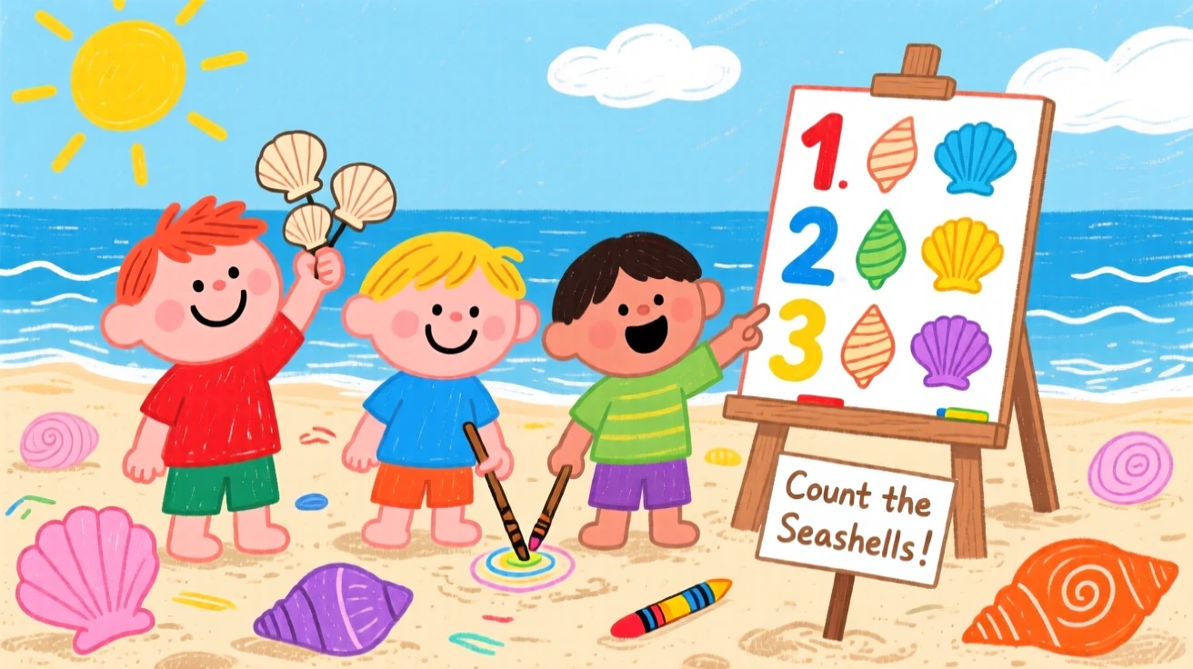 Children counting seashells on a beach as part of a math lesson.