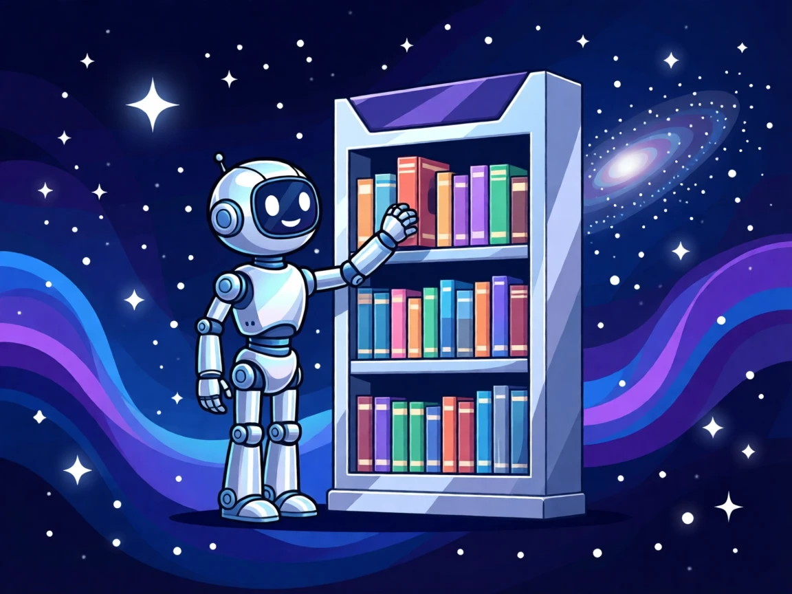 A friendly robot assistant organizing books on a shelf, set against a backdrop of starry outer space, arranged with balanced negative space around the subject, with sleek metallic textures catching soft light.