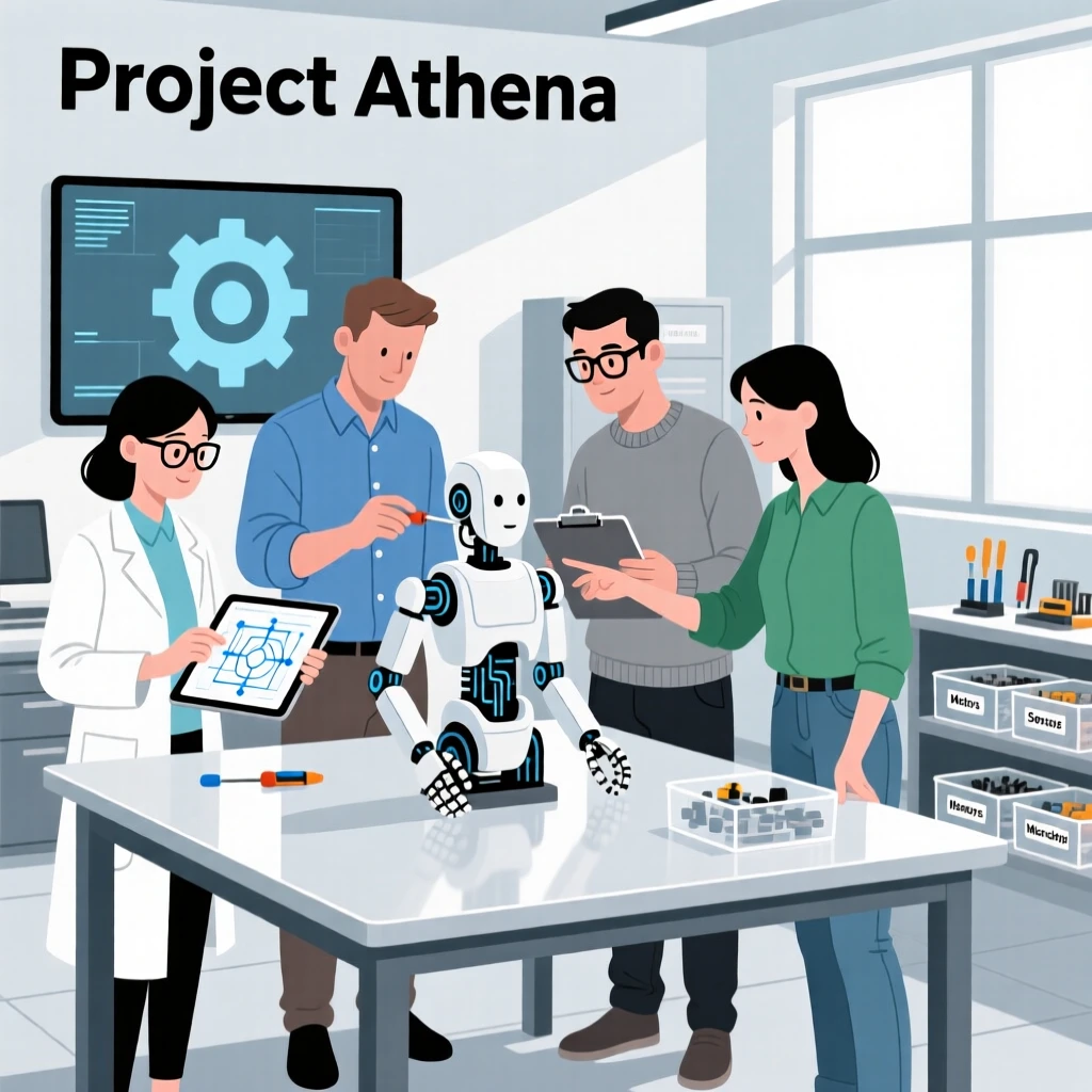 A team of scientists collaborating on a project in a modern robotics workshop.